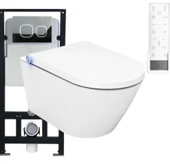 Pack Bâti-support + Toilettes Japonais céramique, WC lavant + télécommande - 38,4x59,3x38cm - PRO+ 1102- Plaque 4112 blanc mat