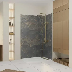 Pack de 2 panneaux muraux de salle de bains, gris et doré effet pierre avec profilés dorés, l.120+90 x H.210 x P.0,3 cm, Galedo Homestone