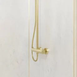 Pack de 2 panneaux muraux de salle de bains, blanc effet pierre avec profilés dorés, l.120+90 x H.210 x P.0,3 cm, Galedo Homestone