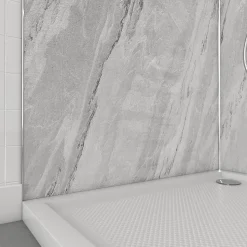 Pack de 2 panneaux muraux de salle de bains, gris effet marbre avec profilés chromés, l.90+90 x H.210 x P.0,3 cm, Galedo Homestone