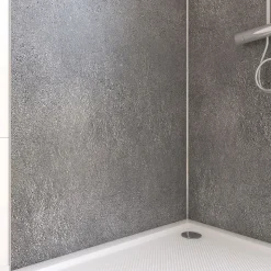 Pack de 2 panneaux muraux de salle de bains, gris foncé effet pierre avec profilés chromés, l.90+90 x H.210 x P.0,3 cm, Galedo Homestone