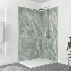 Pack de 2 panneaux muraux de salle de bains, vert effet pierre avec profilés chromés, l.120+90 x H.210 x P.0,3 cm, Galedo Homestone