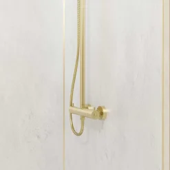Pack de 2 panneaux muraux de salle de bains, blanc effet pierre avec profilés dorés, l.90+90 x H.210 x P.0,3 cm, Galedo Homestone