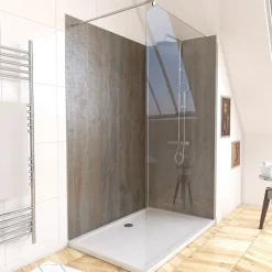 Pack de 2 panneaux muraux de salle de bains, marron effet bois avec profilés chromés, l.120+90 x H.210 x P.0,3 cm, Galedo Homestone
