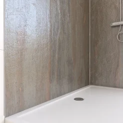 Pack de 2 panneaux muraux de salle de bains, marron effet bois avec profilés chromés, l.120+90 x H.210 x P.0,3 cm, Galedo Homestone