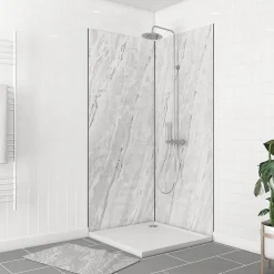 Pack de 2 panneaux muraux de salle de bains, blanc effet marbre avec profilés noirs, l.90+90 x H.210 x P.0,3 cm, Galedo Homestone