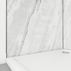 Pack de 2 panneaux muraux de salle de bains, blanc effet marbre avec profilés noirs, l.90+90 x H.210 x P.0,3 cm, Galedo Homestone