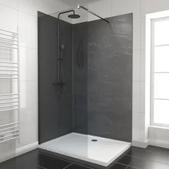 Pack de 2 panneaux muraux de salle de bains, gris foncé effet ardoise avec profilés noirs, l.120+90 x H.210 x P.0,3 cm, Galedo Homestone