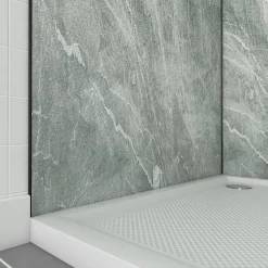 Pack de 2 panneaux muraux de salle de bains, vert effet pierre avec profilés noirs, l.90+90 x H.210 x P.0,3 cm, Galedo Homestone