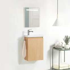 Pack Meuble Lave-main prémonté bois-Vasque blanche-Robinet chromé- Crochet chromé - bain-bain