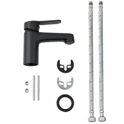Pack Meuble Lave-main prémonté bois-Vasque blanche-Robinet noir- Crochet noir - bain-bain