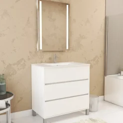 Pack Meuble Salle de Bains 80cm Blanc 3 Tiroirs, Vasque, Miroir 60x80 à Leds intégrées - XENOS