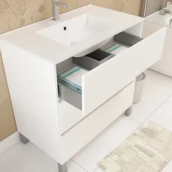Pack Meuble Salle de Bains 80cm Blanc 3 Tiroirs, Vasque, Miroir 60x80 à Leds intégrées - XENOS