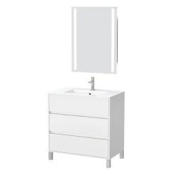 Pack Meuble Salle de Bains 80cm Blanc 3 Tiroirs, Vasque, Miroir 60x80 à Leds intégrées - XENOS