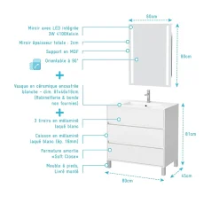 Pack Meuble Salle de Bains 80cm Blanc 3 Tiroirs, Vasque, Miroir 60x80 à Leds intégrées - XENOS