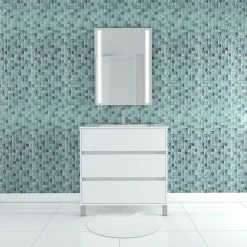 Pack Meuble Salle de Bains 80cm Blanc 3 Tiroirs, Vasque, Miroir 60x80 à Leds intégrées - XENOS