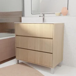 Pack Meuble Salle de Bains 80 cm Chêne Clair, 3 tiroirs avec Vasque Céramique - XENOS