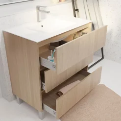 Pack Meuble Salle de Bains 80 cm Chêne Clair, 3 tiroirs avec Vasque Céramique - XENOS