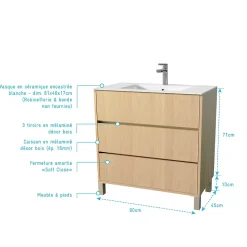 Pack Meuble Salle de Bains 80 cm Chêne Clair, 3 tiroirs avec Vasque Céramique - XENOS