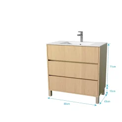 Pack Meuble Salle de Bains 80 cm Chêne Clair, 3 tiroirs avec Vasque Céramique - XENOS