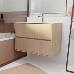 Pack Meuble Salle de Bains 80 cm Chêne Clair, 2 tiroirs avec Vasque Céramique - XENOS