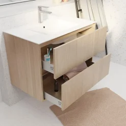 Pack Meuble Salle de Bains 80 cm Chêne Clair, 2 tiroirs avec Vasque Céramique - XENOS