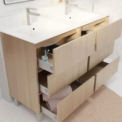 Pack Meuble Salle de Bains 120 cm Chêne Clair, 6 tiroirs avec Vasque Céramique - XENOS