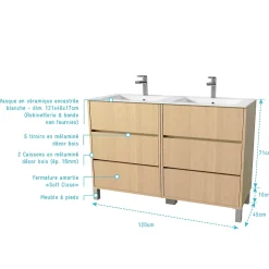 Pack Meuble Salle de Bains 120 cm Chêne Clair, 6 tiroirs avec Vasque Céramique - XENOS