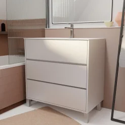Pack Meuble Salle de Bains 80 cm Laqué Blanc, 3 tiroirs avec Vasque Céramique - XENOS
