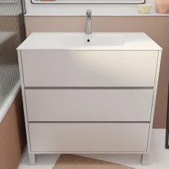 Pack Meuble Salle de Bains 80 cm Laqué Blanc, 3 tiroirs avec Vasque Céramique - XENOS