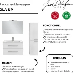 Pack meuble vasque 80 cm JACOB DELAFON Ola up blanc + colonne + miroir + spot