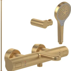 Pack mitigeur baignoire thermostatique VILLEROY ET BOCH Universal rond Or brossé avec ensemble