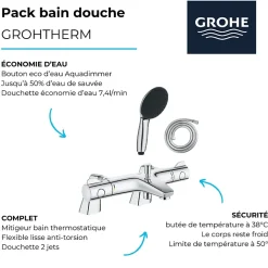 Pack mitigeur bain douche thermostatique GROHE Grohtherm 800 + douchette ronde 2 jets + flexible