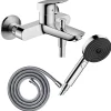 Pack mitigeur bain douche mécanique HANSGROHE Logis + Flexible Metaflex + Pommeau Pulsify Select EcoSmart 105 3jets chromé