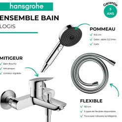 Pack mitigeur bain douche mécanique HANSGROHE Logis + Flexible Metaflex + Pommeau Pulsify Select EcoSmart 105 3jets chromé