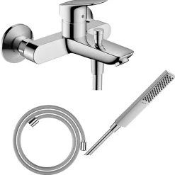 Pack mitigeur bain douche mécanique HANSGROHE Logis + Flexible Designflex + Pommeau HANSGROHE Pulsify E 100 EcoSmart chromé