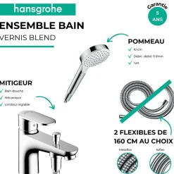 Pack mitigeur bain douche monotrou HANSGROHE Vernis Blend + Flexible Metaflex + Pommeau HANSGROHE Crometta blanc/chromé