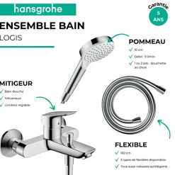 Pack mitigeur bain douche mécanique HANSGROHE Logis + Flexible Metaflex + Pommeau Vernis Blend 100 EcoSmart 2jets chromé