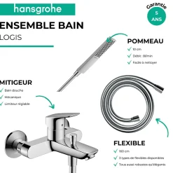 Pack mitigeur bain douche mécanique HANSGROHE Logis + Flexible Metaflex + Pommeau HANSGROHE Pulsify E 100 EcoSmart chromé