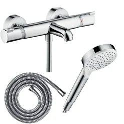 Pack mitigeur bain thermostatique HANSGROHE Ecostat Comfort + Flexible Metaflex 1,6m + Pommeau Vernis Blend EcoSmart chromé