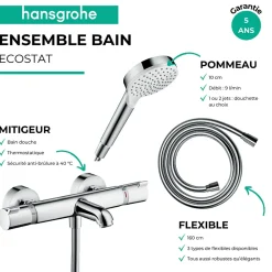 Pack mitigeur bain thermostatique HANSGROHE Ecostat Comfort + Flexible Metaflex 1,6m + Pommeau Vernis Blend EcoSmart chromé