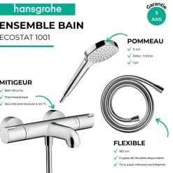 Pack mitigeur bain thermostatique HANSGROHE Ecostat 1001CL + Flexible Designflex + Pommeau Croma Select E EcoSmart blanc/chromé