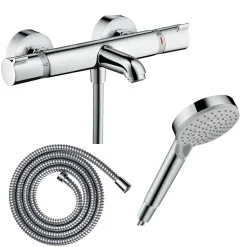 Pack mitigeur bain thermostatique HANSGROHE Ecostat Comfort + Flexible Metaflex 1,6m + Pommeau Vernis Blend EcoSmart 2 jets chromé