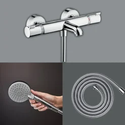 Pack mitigeur bain thermostatique HANSGROHE Ecostat Comfort + Flexible Metaflex 1,6m + Pommeau Vernis Blend EcoSmart 2 jets chromé