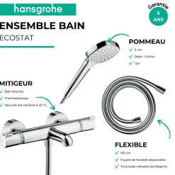 Pack mitigeur bain thermostatique HANSGROHE Ecostat Comfort + Flexible Designflex 1,6m + Pommeau Croma Select E EcoSmart chromé