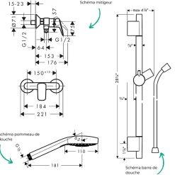 Pack mitigeur douche mécanique HANSGROHE Logis + Barre Unica S Puro + flexible + Pommeau Croma Select E blanc/chromé