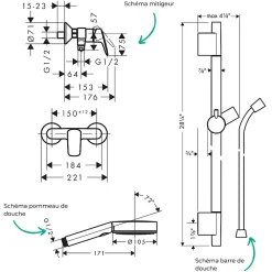 Pack mitigeur douche mécanique HANSGROHE Logis + Barre Unica S Puro + flexible + Pommeau Pulsify Select 3 jets chromé