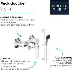 Pack mitigeur douche mécanique GROHE Swift 2023 + Ensemble de douche 2 jets avec barre Chromé