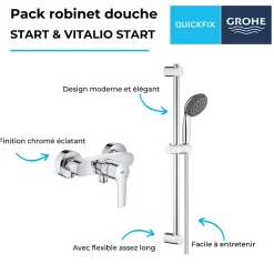 Pack mitigeur douche mécanique GROHE Start 2021 + ensemble de douche 2 jets GROHE Vitalio Start avec barre chromé