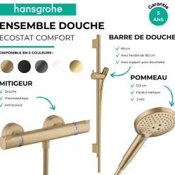 Pack mitigeur douche thermostatique HANSGROHE Ecostat Comfort + Barre Unica + flexible + Pommeau Raindance 3 jets bronze brossé